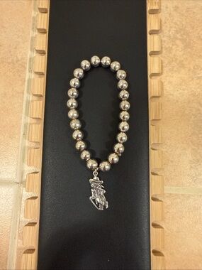 Silver Bead Stretch Bracelet with Silver Charm - Women Jewelry